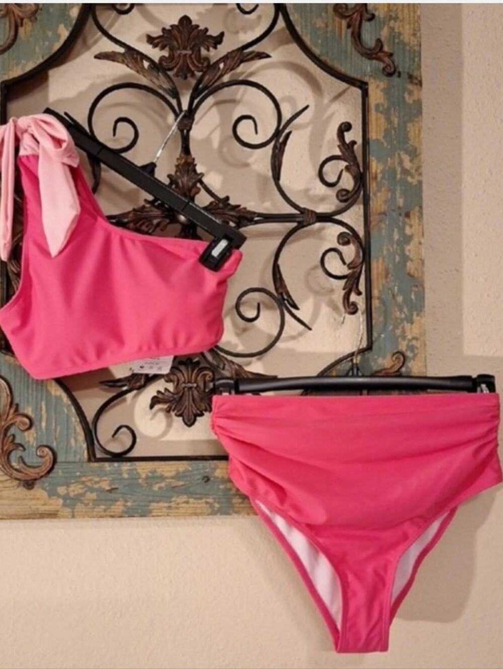 One-Shoulder High-Waist Bikini Set in Bright Pink. NWT Size Small